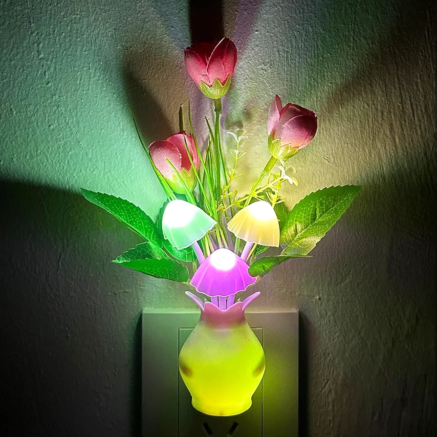 Night Light with Auto Dusk to Dawn Sensor, Plug into Wall Night Light, RGB LED Flower Lamp 1W Energy Efficient Nursery Night Light for Kids Room, Bedroom, Nursery, Lounge, Hallway and Stairs