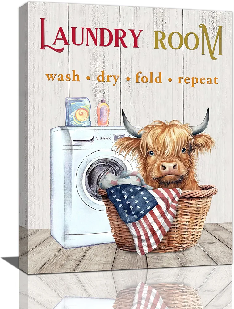 Farmhouse Laundry Room Wall Decor Funny Highland Cow Bathroom Pictures Wall Art Rustic Laundry Sign Canvas Print Painting Framed Modern Home Artwork Decorations For Bathroom Laundry Room 12"x16"