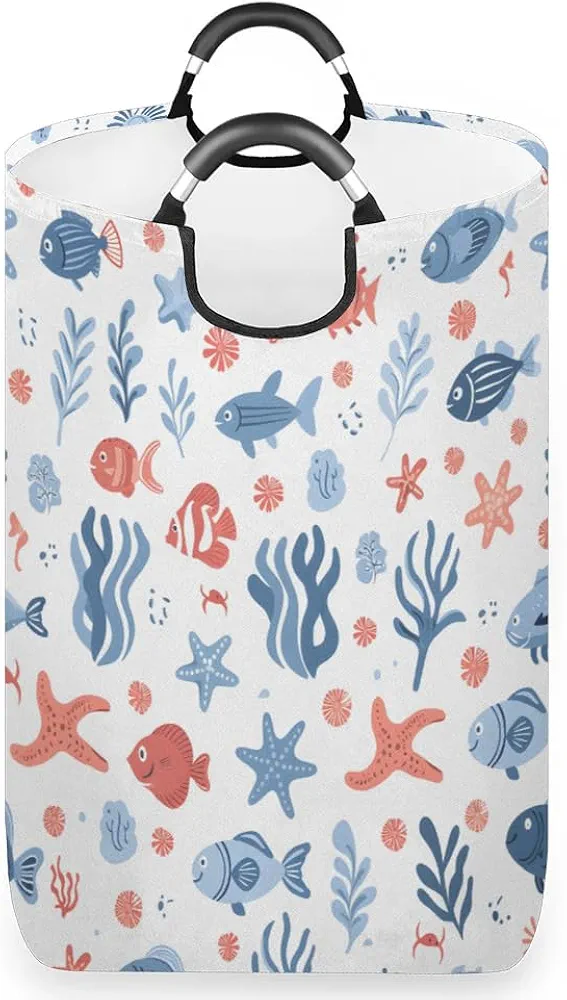 Laundry Basket, Beach Laundry Hamper, Collapsible Laundry Baskets, Sea Fish Starfish Seashell Coral Coastal Dirty Clothes Hamper for College Dorm, Family 12.6 x 22.7 Inch