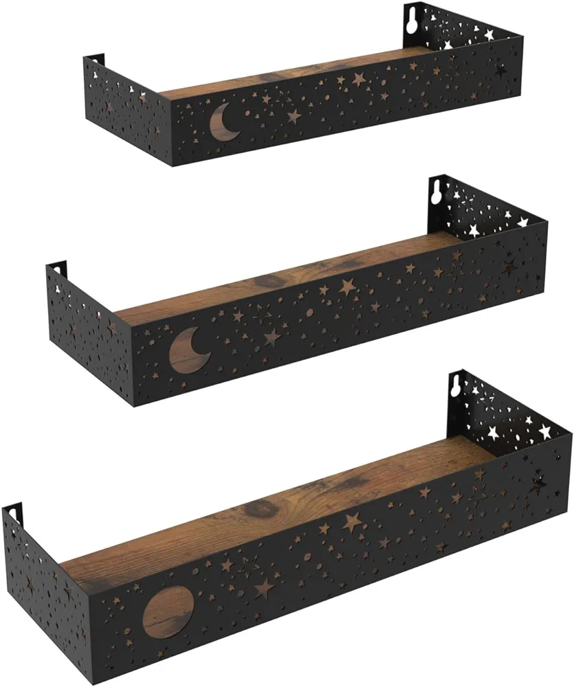 Moon and Stars Wall Shelves Black, Set of 3 Small Floating Shelves for Bedroom Living Room Wall Storage or Decor, Brown Board