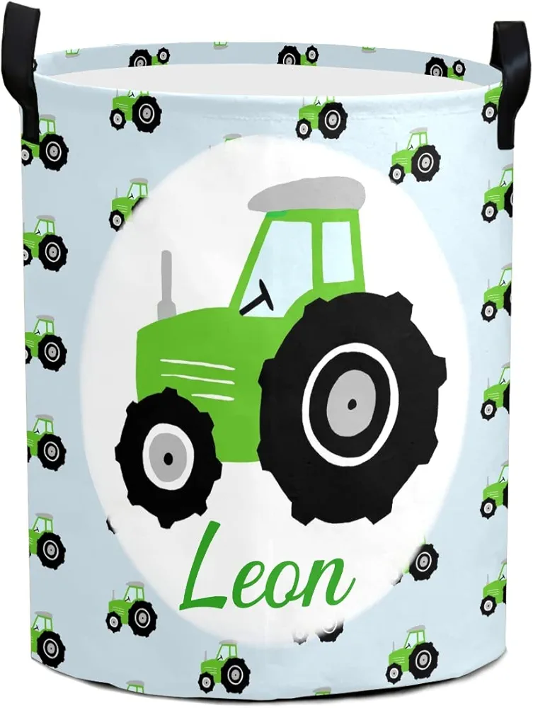 Custom Green Tractors Pattern Laundry Hamper Personalized Laundry Basket with Name Storage Basket with Handle for Bathroom Living Room Bedroom