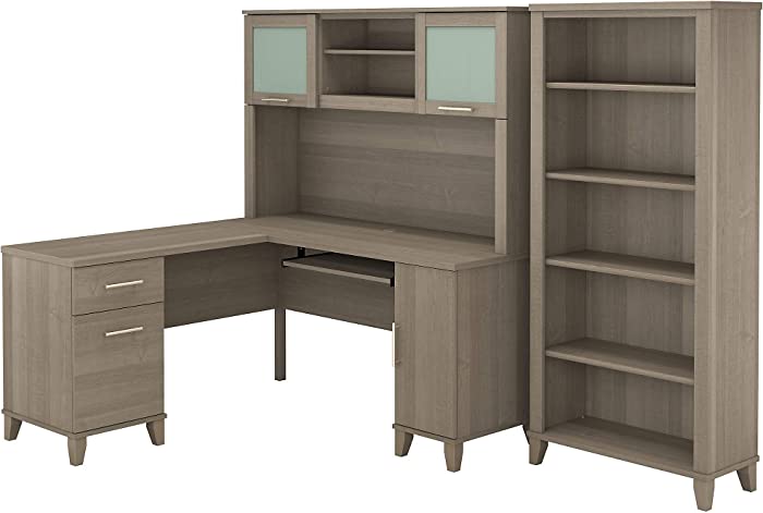 Bush Furniture Somerset 60W L Shaped Desk with Hutch and 5 Shelf Bookcase