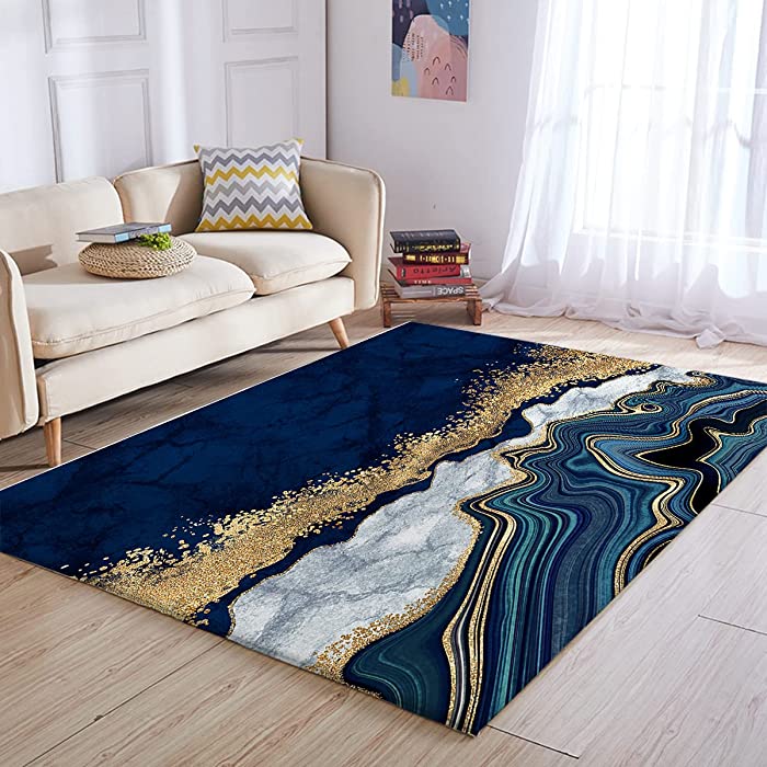 BlessLiving Marble Area Rug Soft Grey Navy Blue & Gold Marble Floor Mat 3D Modern Printed Design Reversible Large Carpet for Bedroom Kitchen Living Room, 3' x 5'