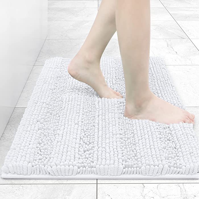 Grandaily Chenille Striped Bathroom Rug Mat, Extra Thick and Absorbent Bath Rugs, Non-Slip Soft Plush Shaggy Bath Carpet, Machine Wash Dry, Bath Mats for Tub, Shower and Bath Room, 17x24, White