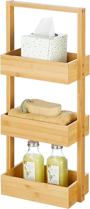 mDesign Free-Standing 3-Tiered Shelf for Bathroom, Wood Bamboo Storage Rack Room Decor Shelves - Decorative Organizer Bins for Bath Towels, Hand Soap, and Toiletries - Natural