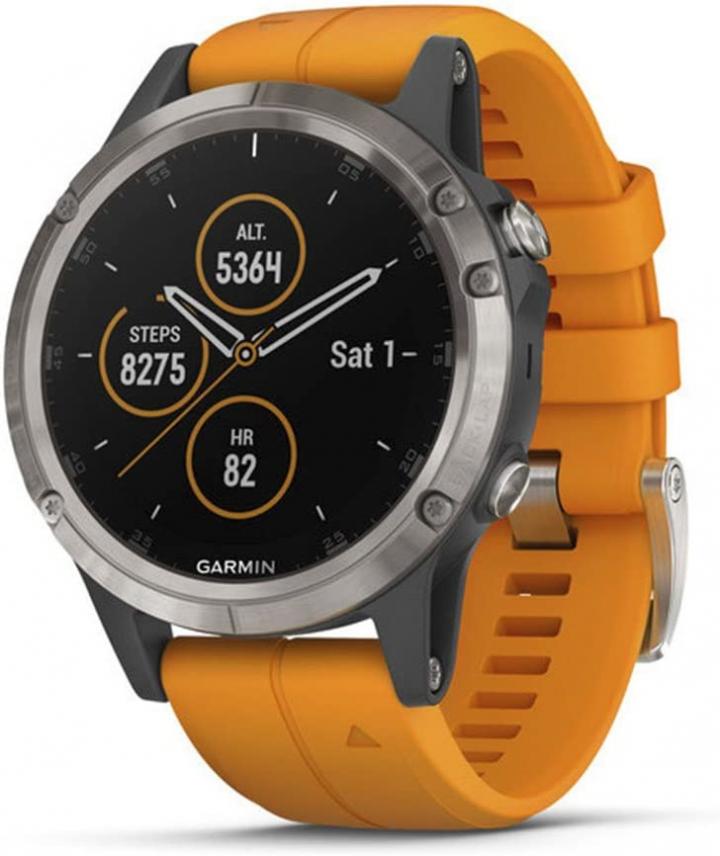 Garmin fenix 5 Plus, Premium Multisport GPS Smartwatch, Features Color Topo Maps, Heart Rate Monitoring, Music and Contactless Payment, Titanium with Orange Band