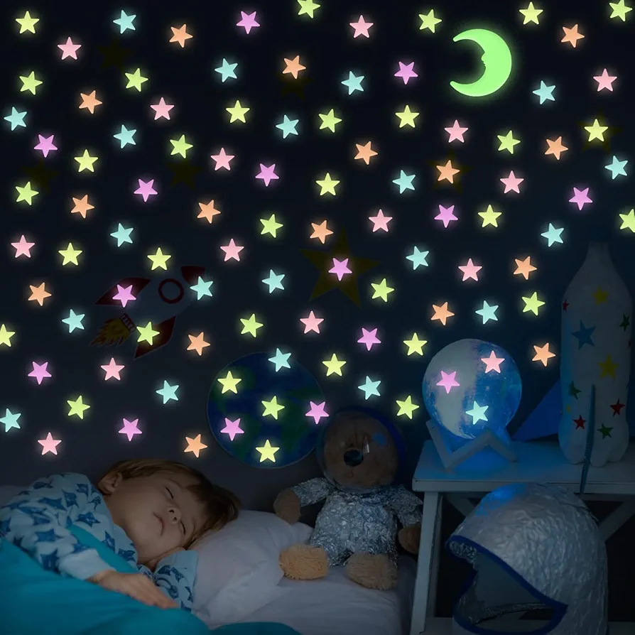 Glow in The Dark Stars for Ceiling, 200 Pcs Colorful Glow in The Dark Stars,3D Glowing Stars and Moon for Kids Bedroom,Luminous Stars Stickers Create a Realistic Starry Sky,Room Decor