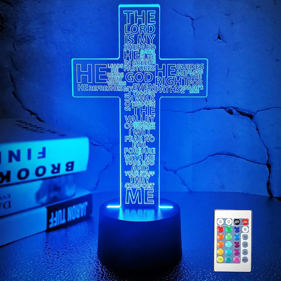 FULLOSUN Jesus Cross 3D Night Light, Christ Optical Illusion Lights 16 Colors Change with Remote Control, The Lord Desk Lamps Room Home Decor Xmas Birthday Easter Gifts