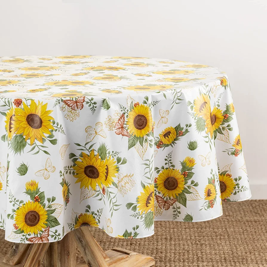 Elrene Home Fashions Sunflower Season Vintage Floral Water- and Stain-Resistant Vinyl Tablecloth with Flannel Backing, 60 Inches X 84 Inches, Oval