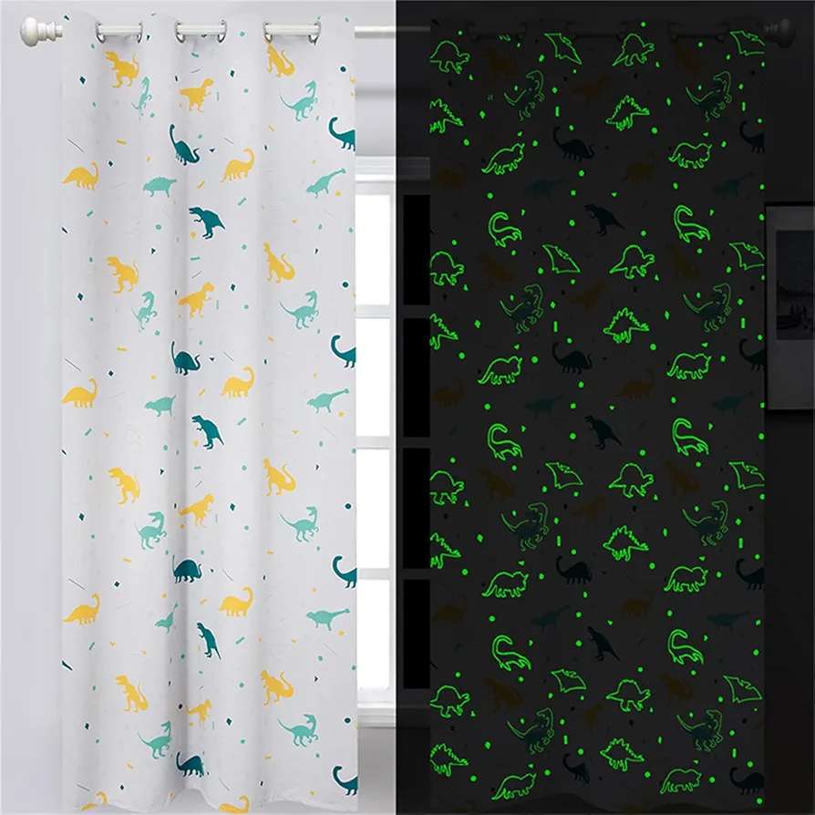 Dinosaur Curtains for Boys Bedroom Glow in the Dark Cartoon Rod Pocket Kids Boys Girls Simple Childish Cute Dino Wildlife Animals Pattern Window Drapes Nursery Bedroom Playroom Living room 2 Panels