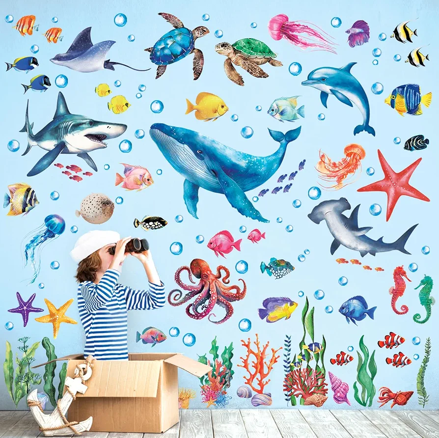 DECOWALL DS12-8078 Sea Animals Wall Stickers decals baby boys bedroom fish décor living kids nursery ocean playroom removable room seaweed under watercolor