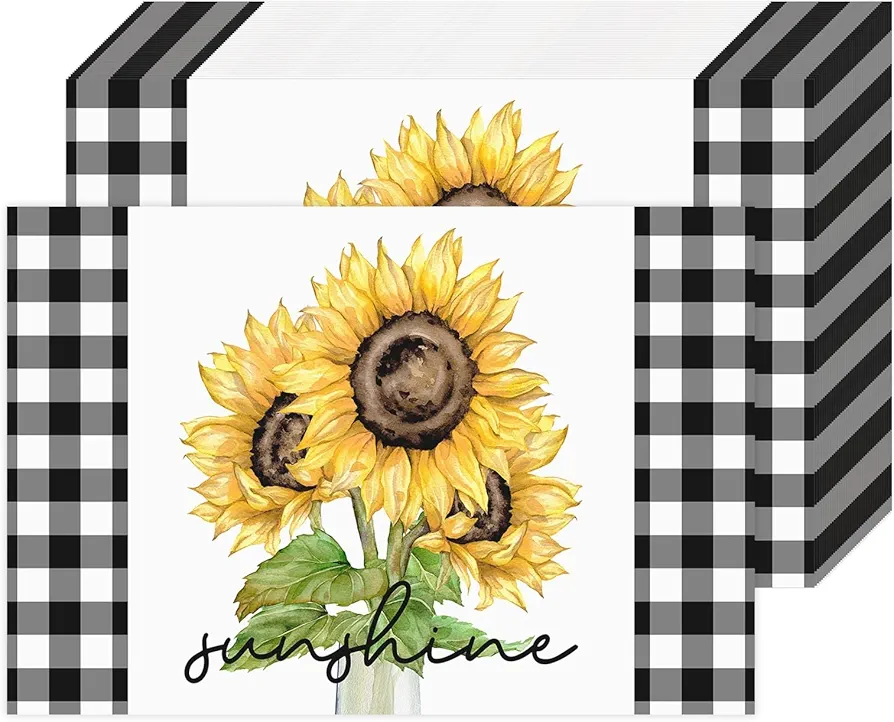 50 Pieces Summer Sunflower Gingham Plaid Paper Placemats Disposable Durable Geometric Vase Flower Place Mats Great for Party Holiday Kitchen Dining Room Table Decorations 11" x 17"