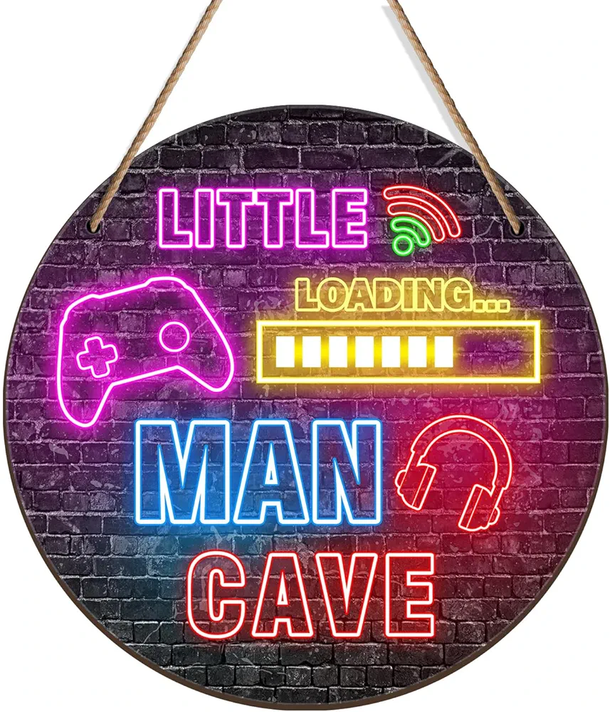 Neon Game Wooden Door Sign -Little Man Cave (12″x 12″) Hanging Game Room Sign Decoration - Wooden Sign Round Decorative Sign for Game lover