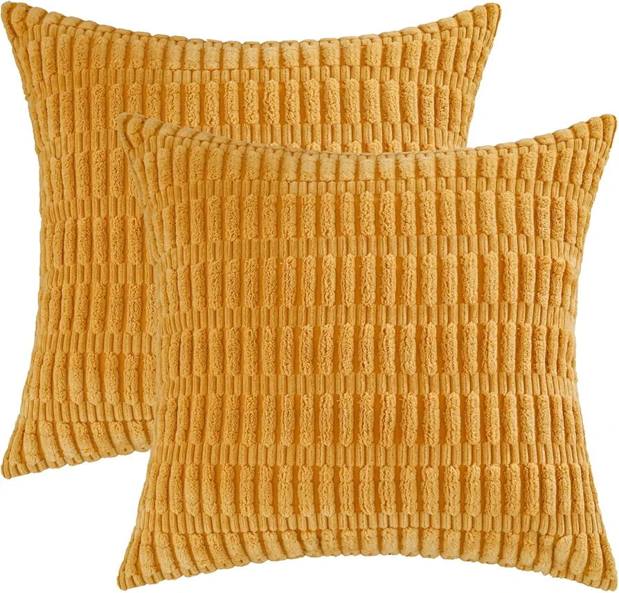 HWY 50 Corduroy Decorative Throw Pillow Covers 18x18 Inch Soft Farmhouse Boho Striped Throw Pillows Cases Set Cushion Cover for Couch Sofa Living Room Bed Pack of 2 Mustard Yellow