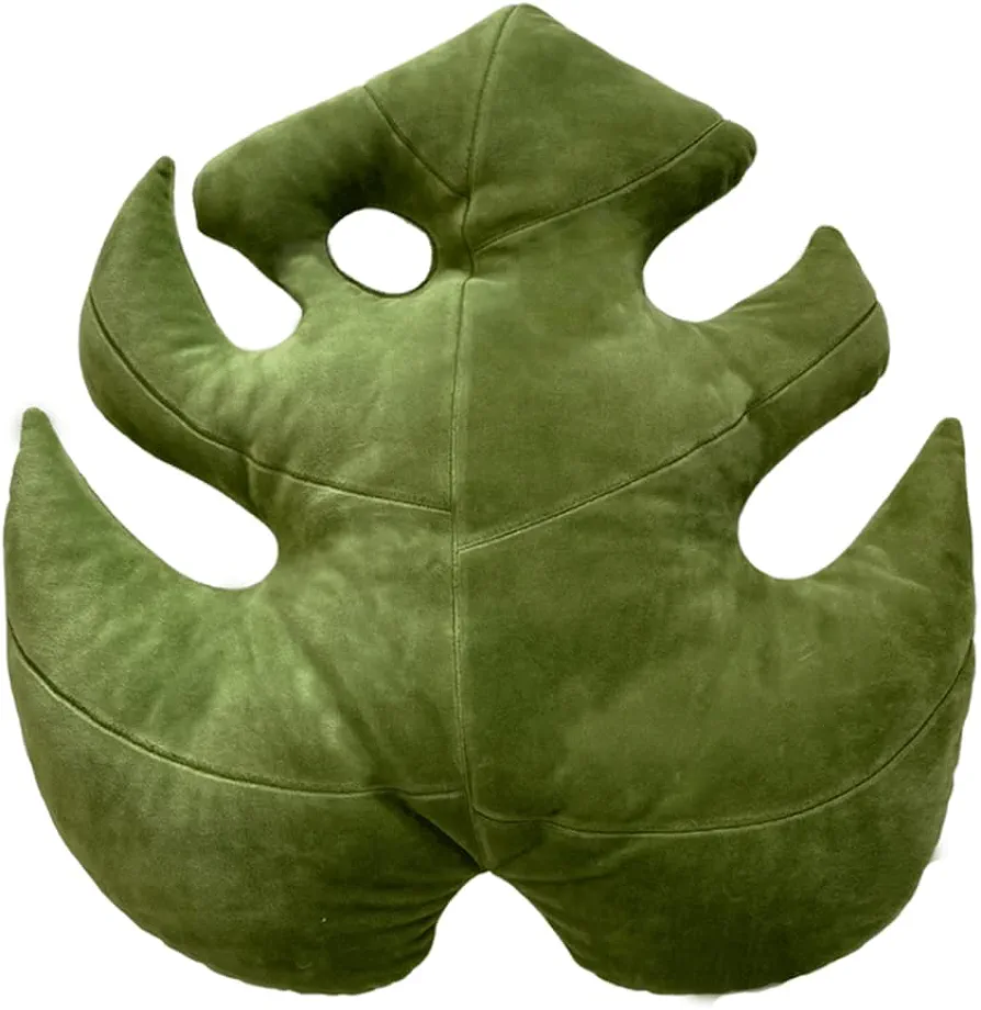 Green Philosophy Co. Plush Monstera Deliciosa Mossy Earth Leaf Shaped Throw Pillows for Couch Sofa Living Room Home Decor Gift for Plant Lovers and Friends Leaves Decoration Cushion Bedroom