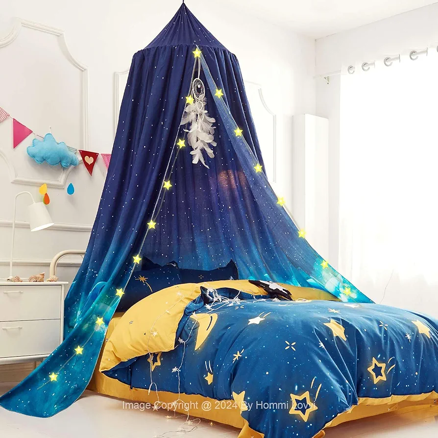 Ocean Print Kids Bed Canopy, Girls Princess Bed Canopy Dreamy Room Decor, Soft Hanging Reading Nook Play Tent Canopy, Extra Large Full Size Bed Canopy with String Light