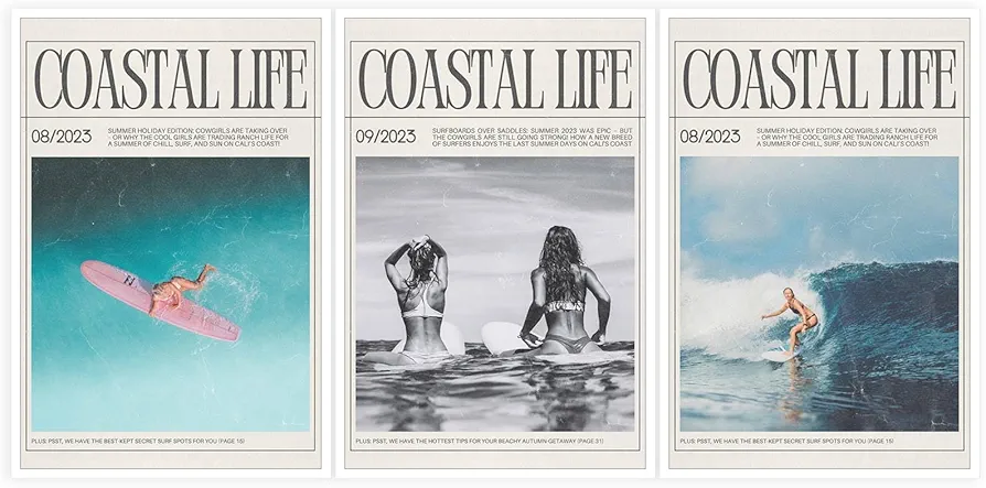 Retro Coastal Life Newspaper Poster Vintage 3 Set Beach Canvas Wall Art Preppy Art Surf Prints Cowgirl Aesthetic Trendy Pictures of Beachy Scenes Wall Decor Teen Girl Room 12x16in Unframed