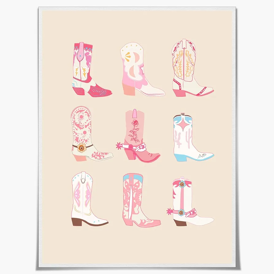 Trendy Posters Western Coastal Decor Cowgirl Cowboots Canvas Pink Wall Art Prints Funky Home Decor Preppy Room Decor Aesthetic for Teen Girls Bedroom Decor 12x16in Unframed.