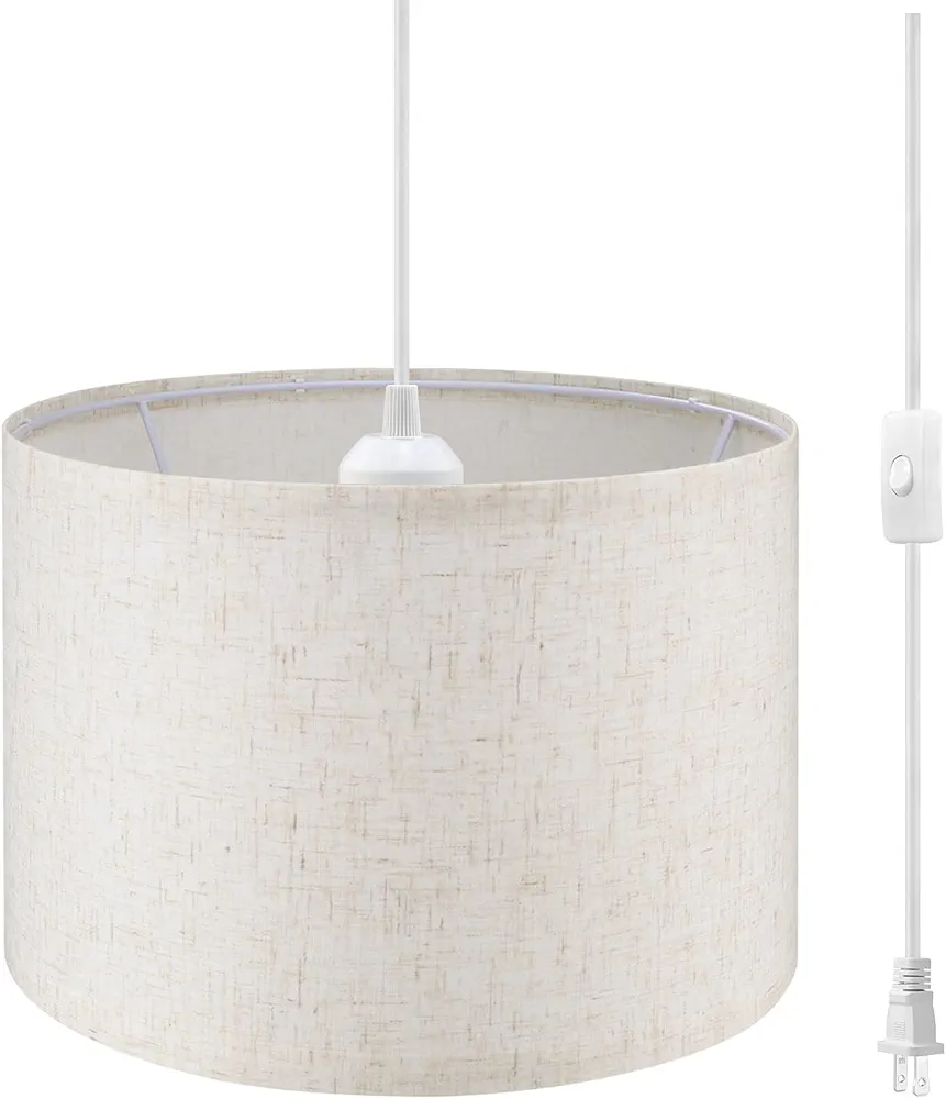 Plug in Pendant Light,15 FT Hanging Lamp with Plug in Cord, On/Off Switch, Beige Linen Shade, Hanging Light Fixture for Bedroom, Living Room, Dining Room, Kitchen