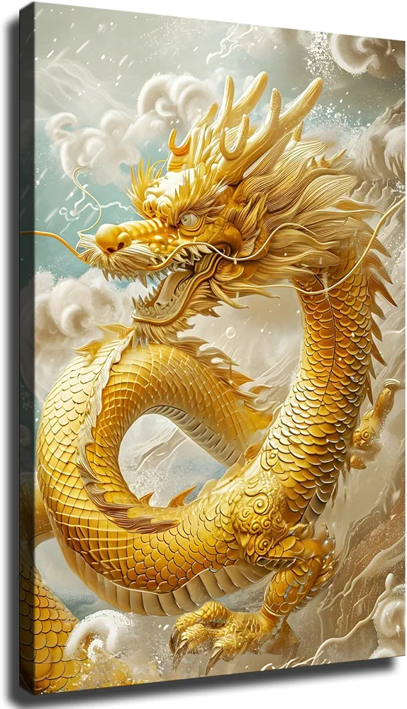 Divine Dragon Chinese Golden Dragon Poster Canvas Wall Art Living Room Wall Art Bedroom Decor Prints Pictures (8x12inch-No Framed)