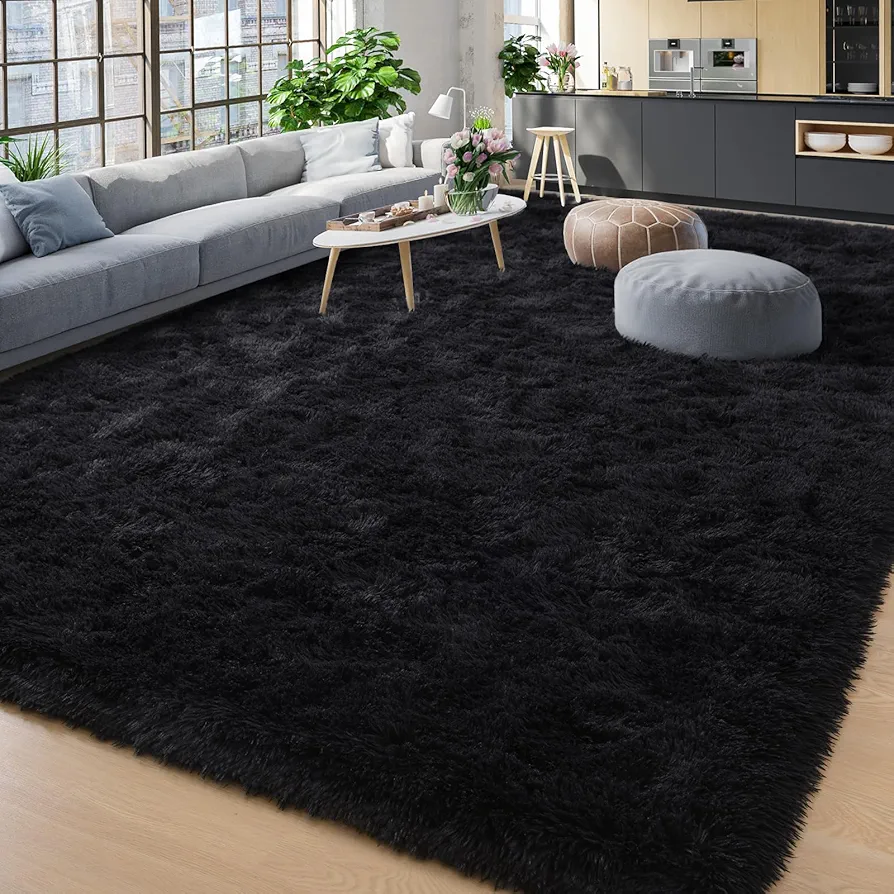 YJ.GWL Soft Area Rugs for Living Room Bedroom Plush Fluffy Rug 6x9 Feet, Black Shag Rug Carpet Non Shedding for Nursery Playroom Dorm, Indoor Modern Fuzzy Rug for Kids Girls Room Home Decor