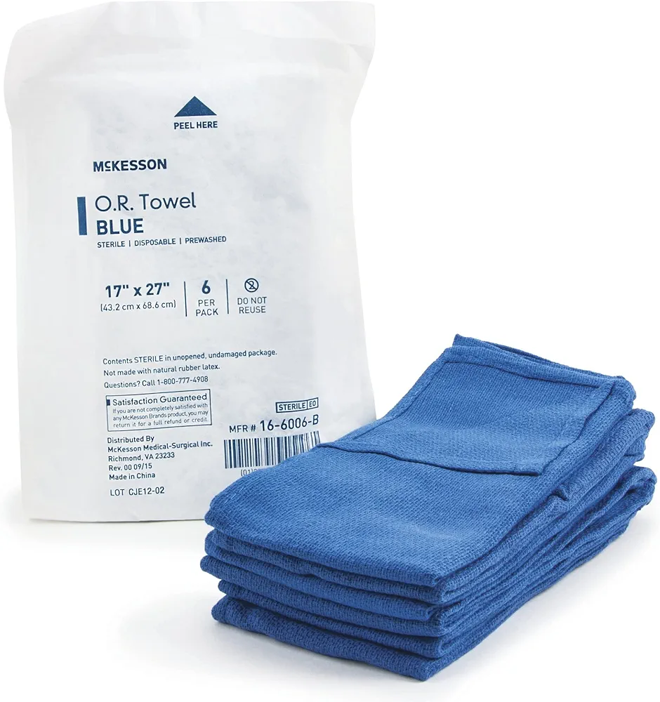 McKesson Operating Room Towels, Sterile, Disposable, Pre-Washed, Blue, 17 in x 27 in, 6 Towels, 1 Pack