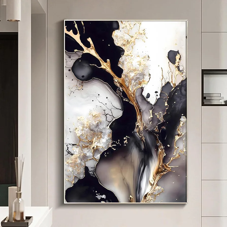 Black Gold and White Abstract Artwork Black White Gold Modern Wall Art Black and Gold Marble Pictures Black Gold Abstract Canvas Wall Art Black White Gold Poster for Living Room 16x24inch Unframed