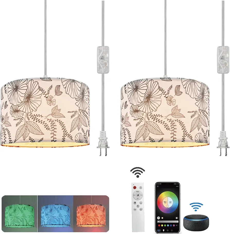 Hanging Lamp Plug in Pendant Light 2 Pack with Remote Control, 15Ft Hanging Lights with Plug in Cord Flower Lamp Shade Hanging lamps for Living Room Plug in Hanging Light Fixture for Bedroom, Kitchen