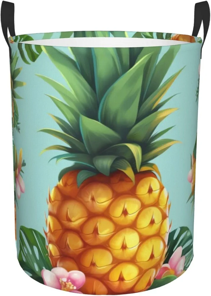 Tropical Pineapple Print Laundry Basket Circular Laundry Hamper with Handles Waterproof Circular Hamper Dirty Clothes Basket Portable Storage Bin for Home Organizer Living Room Bathroom Car Small