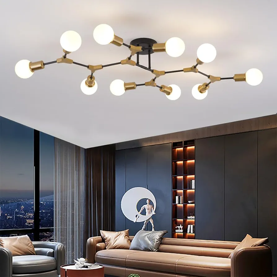 Mid Centur Modern 10 Light Semi Flush Mount Ceiling Lighting Fixture for Dining Room Living Room Bedroom Aisle Kitchen Restaurant,Metal Gold and Black Sputnik Chandelier