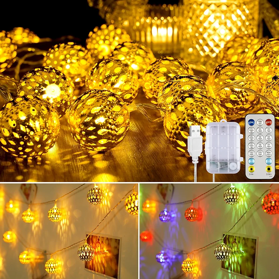 Battery Operated Boho String Lights, 13FT 20 LEDs Big Golden Metal Balls, USB Color Changing Fairy Lights with Remote Timer, Globe Moroccan Orb Decorative Lights for Room Party Xmas Boho Diwali Decor