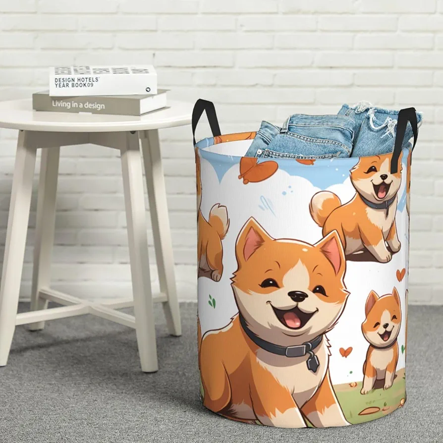 Laundry Basket Waterproof Laundry Hamper With Handles Dirty Clothes Organizer Cute Shiba Inu Dog Print Protable Foldable Storage Bin Bag For Living Room Bedroom Playroom, Medium, Black