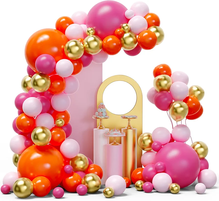 Pink and Orange Balloon Arch Kit, 134pcs Hot Pink Orange Metallic Gold Latex Balloons with Different Size for Birthday Baby Shower Tropical Party Supplies Summer Party Decorations…