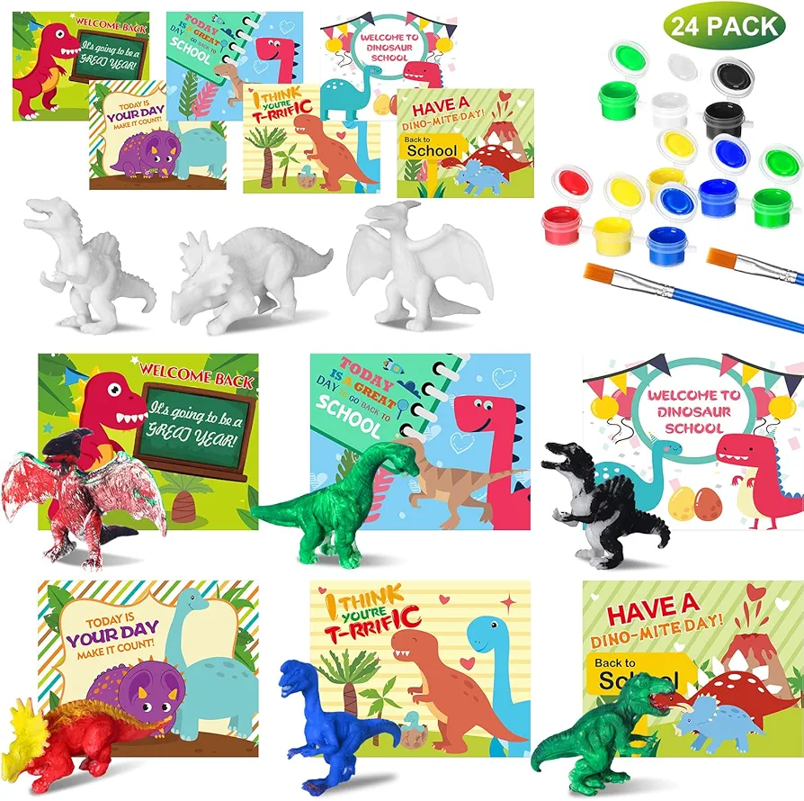 24 Pcs Back to School Cards for Classroom School Kids' Gift, First Day of School Gift Cards with Dinosaur Painting Kit for Goodie Bag Fillers Back to School Party Favors