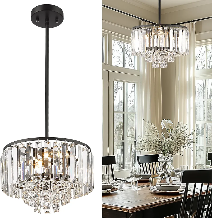 4-Tier Crystal Chandelier, Modern Black Chandelier, 3-Light Pendant Light for Dinning Room Kitchen Island Bedroom Entryway, CC4215-3W-BK