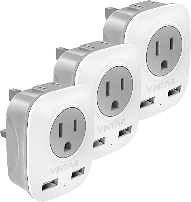 [3-Pack] US to UK Plug Adapter, Ireland Hong Kong Type G Travel Adaptor,VINTAR International Power Adapter with 2 USB,4 in 1 Outlet Adaptor for USA to British England Scotland Irish London Dubai