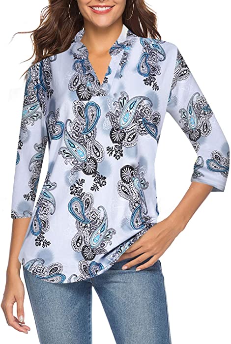 CEASIKERY Women's 3/4 Sleeve Floral V Neck Tops Casual Tunic Blouse Loose Shirt 008