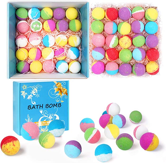 Blahhey 50 Bath Bombs with Organic Essential Oil, Handmade Bulk Bath Bombs Vegan Kids Safe & Moisturizes Dry Skin, Wonderful Gift Set for Women Kids Party Birthday