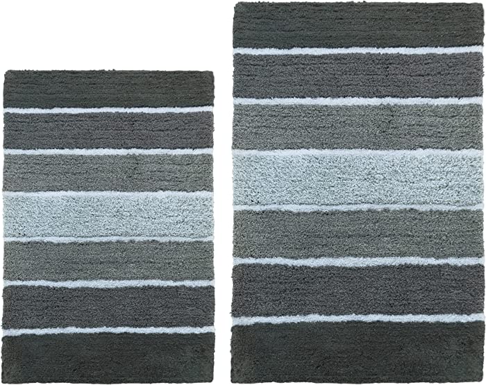 Chardin Home Cordural Stripes Bath Mat, Set of 2 Bath Rugs (17 Inches x24 Inches & 21 Inches x34 Inches) | Non Slip Bathroom Rug, Machine Washable, Plush, Highly Absorbent | Ombre Dark Grey & White