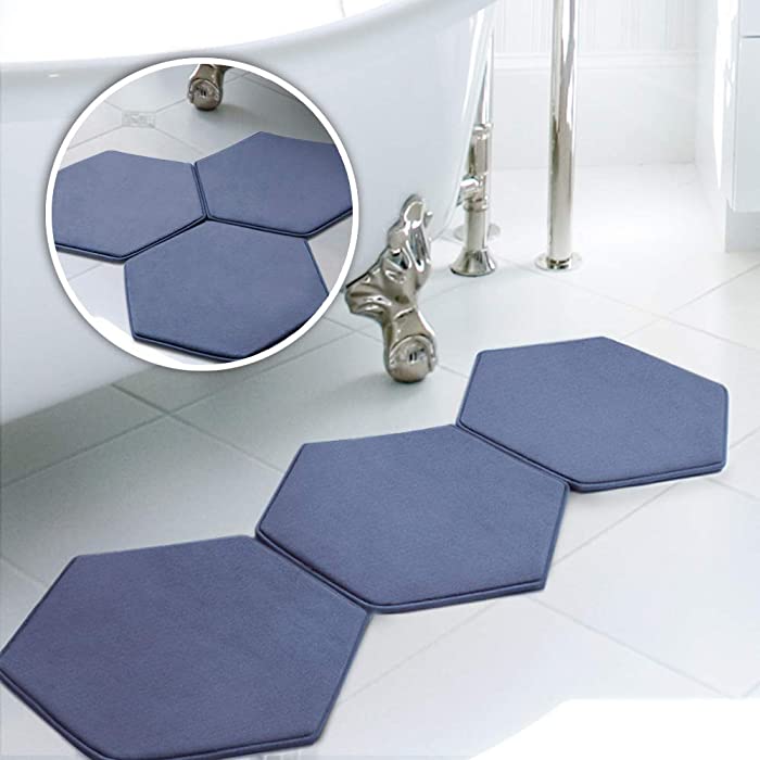 MICRODRY Memory Foam HD Modular Bath Mats 3-Piece Set with GripTex Skid-Resistant Base, 19x17 (Medium Blue)