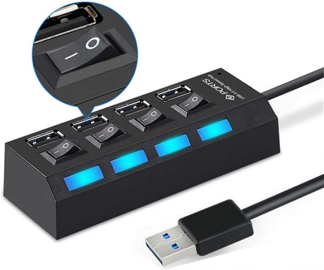 TXY 4 Port High Speed HUB USB 2.0 Hub Power On/Off Switch LED for PC Laptop USB Hub Splitter USB Adapter (Black)