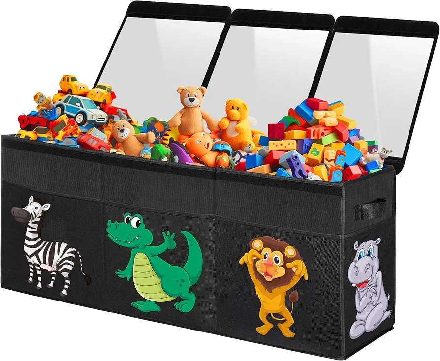 Extra Large Toy Box, Collapsible Sturdy Toy Storage Organizer with Lids, Dinosaur Toy Box for Boys Girls, 42"x16"x14" Kids Toy Chest Bin Box Baskets for Living Room, Playroom, Bedroom, Nursery, Black