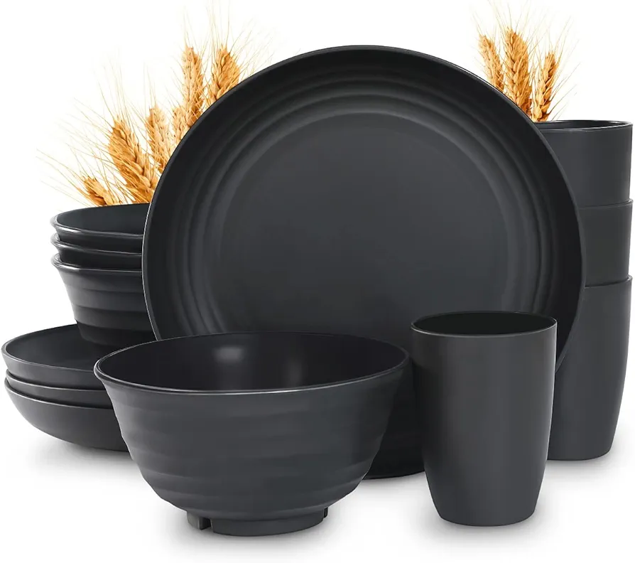 12pcs Plastic Wheat Straw Dinnerware Sets, Wheat Straw Plates and Bowls Sets for 4 College Dorm Room Essentials Microwave Dishwasher Safe (Black)