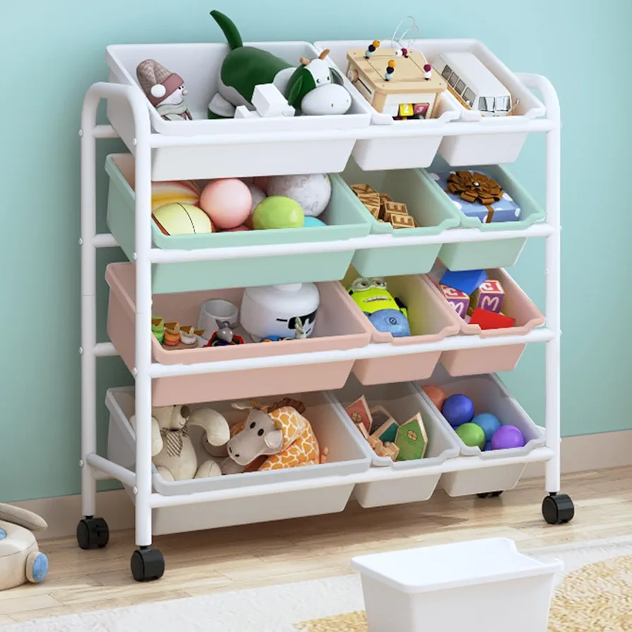 Kids Toy Storage Organizer with 12 Plastic Bins, 4-Tier Metal Toy Storage Rack, Metal Toy Organizer with Storage Bins for Kids Room, Playroom and Nursery, Multi-Color