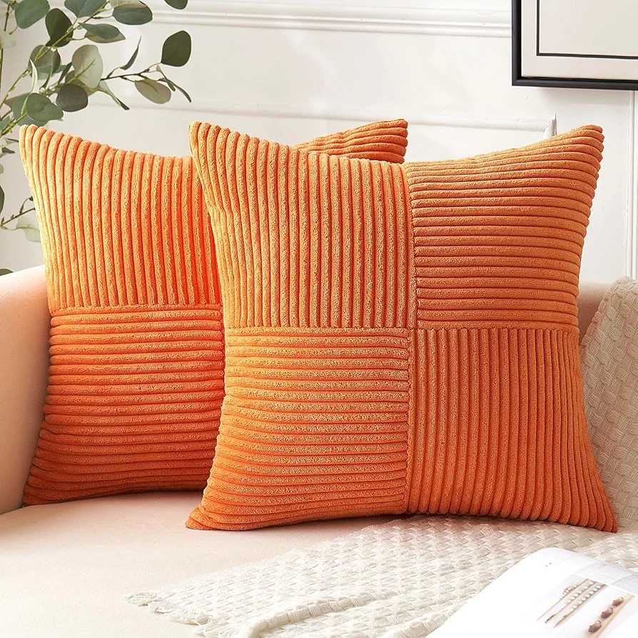 Pack of 2 Fall Pillow Covers Orange 18x18 Inch Boho Decorative Spliced Throw Pillow Covers Soft Couch Pillowcases Cross Patchwork Textured Cushion Covers for Sofa Bed Living Room Home Decor