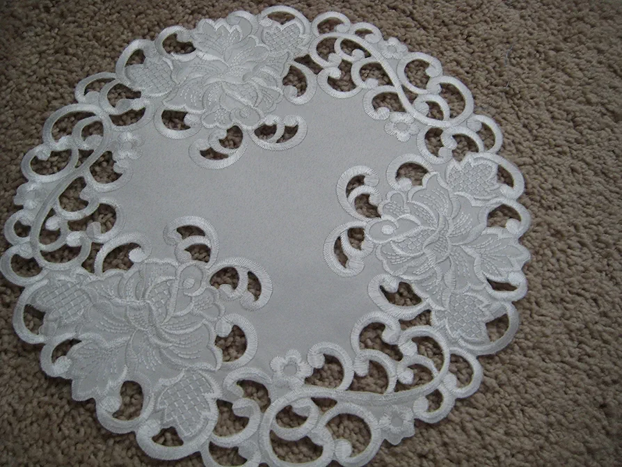 Fabric Doily 11" round white flower embroidered lace cutwork