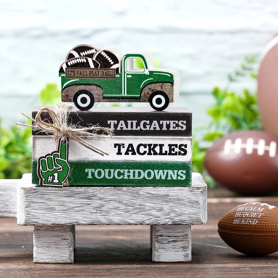 5 Pcs Football Decoration Football Tiered Tray Decor Mini Football Wooden Book Stack Set Football Party Decorations Faux Decorative Book Sign for Home Bedroom Coffee Table Shelf Party Decor