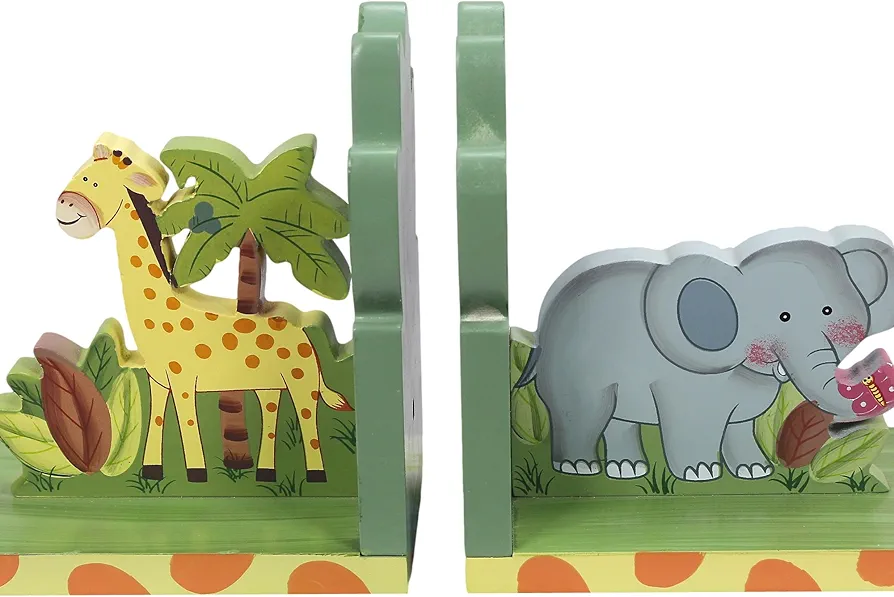 Fantasy Fields - Sunny Safari Animals Thematic Set of 2 Sturdy Wooden Bookends for Kids - Non-Toxic, Water-Based Paint, Giraffe and Elephant, Blue