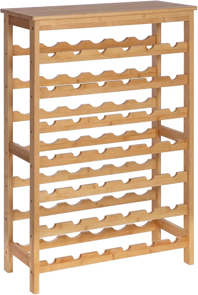 SONGMICS 42-Bottle Wine Rack Free Standing Floor, 7-Tier Display Wine Storage Shelves with Table Top, Bamboo Wobble-Free Bottle Holder for Kitchen Bar Dining Room Living Room, Natural UKWR27NL