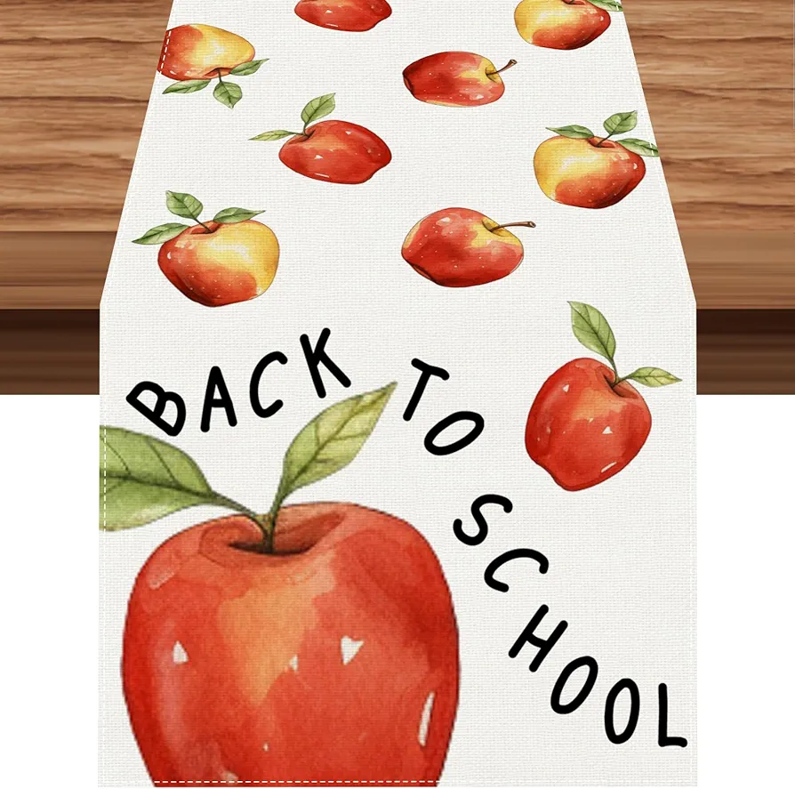 Linen Apple Back to School Table Runner First Day of School First Day of Kindergarten Classroom Decorations and Supplies for Home Kitchen Dining Room Table (13 X 72 Inch)